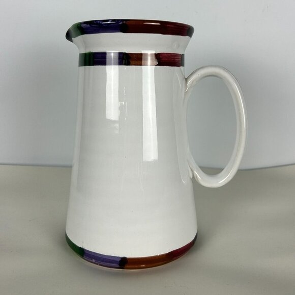 Deruta of Italy 8" Pottery Pitcher White Ceramic with Colored Bands Circo - Picture 1 of 11